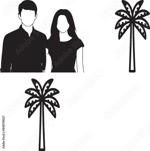 Minimalist Black Vector Icons Set: People Couple and Two Palm Trees, Isolated on White
