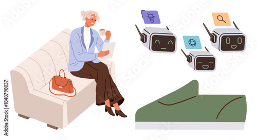 Woman sitting on couch with a tablet and tea, next to robots symbolizing technology and automation. Ideal for innovation, smart living, relaxation, tech adoption, modern life, futuristic concepts