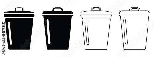 Black and Red Trash Cans Vector Set – Open and Closed Bins, Recycling Symbols, Silhouette Icons
