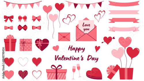 Valentine’s Day Decorative Elements Vector Set with Hearts, Gifts, Ribbons and Love Icons
