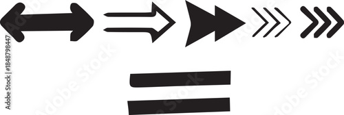 Set of diverse black vector arrow symbols and double horizontal line sign isolated