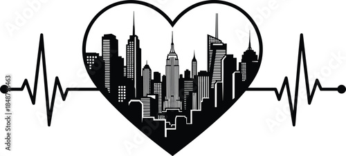 Black Silhouette of a City Skyline inside a Heart Shape with a Heartbeat EKG Pulse Line, Representing Love for Urban Life, Travel, and Modern Metropolis.