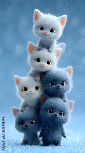 Animated Kittens Stacked in Pyramid, Fluffy White and Blue Felines on Glittery Surface