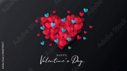 Happy Valentine’s Day Heart Shape Made of Red and Blue Hearts on Dark Background