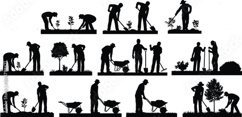 Detailed set of black silhouettes depicting people planting, working, and caring for young trees and plants in a stylized outdoor garden setting, ideal for environmental and agricultural themes.