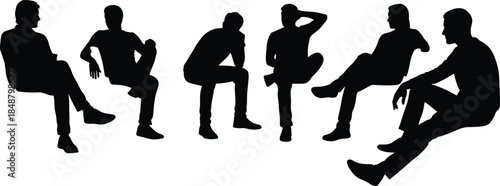 Diverse group of men sitting silhouettes collection featuring various relaxed poses and social interaction gestures isolated on white background for lifestyle design