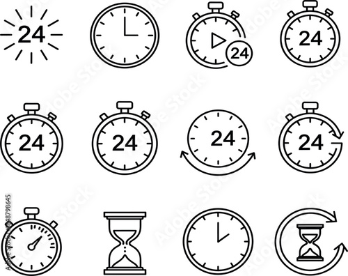 Top Viewwords): Set of Time and 24 Hours Service Icons featuring Clocks Stopwatches Hourglasses and Timers for Customer Support Logistics
