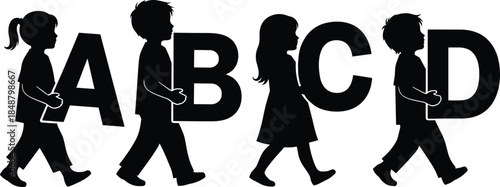 Diverse Kids Silhouettes Walking and Carrying Large Letters A B C D, Education and Learning Concept for Early Childhood Development, Vector Graphic Illustration on White Background.
