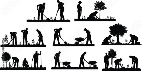 Gardening silhouettes with people working, planting, and tending in the soil, using tools like shovels and wheelbarrows outdoors.