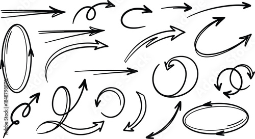 Hand drawn arrows doodle vector collection, black line sketch style, graphic element set, business concept symbols, abstract curved direction signs, creative artistic illustration.