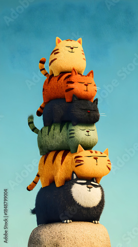 Stacked Cartoon Cats Colorful Plush Toys Against Blue Sky