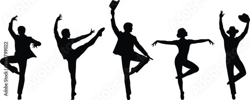 Professional Broadway theater dancers silhouettes collection featuring male and female performers in dynamic musical stage poses isolated on white background for arts design