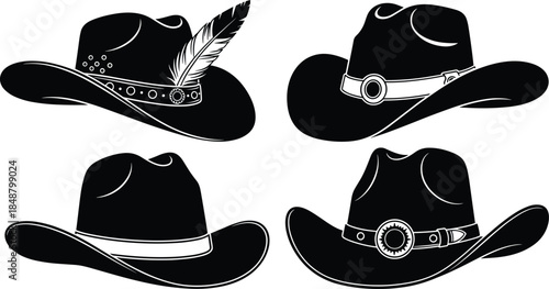 Set of Four Black and White Cowboy Hats Silhouettes with Feather and Decorative Bands, Representing Western Culture and Style Accessories