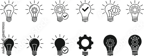 Set of Light Bulb and Gear Icons, Idea Generation and Creative Solution Concept, Technical Process and Innovation Symbols for Business Strategy Vector Graphic Design.