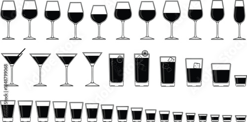Set of various alcoholic drinks silhouettes in different glasses: wine, cocktail, martini, highball, whiskey, and shot glasses vector illustration.