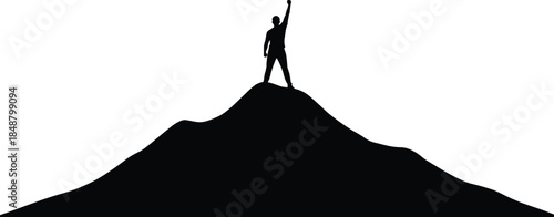 Silhouette of a triumphant man standing on the peak of a mountain, raising one fist in victory, representing success, challenge, leadership, accomplishment, power, and freedom illustration.