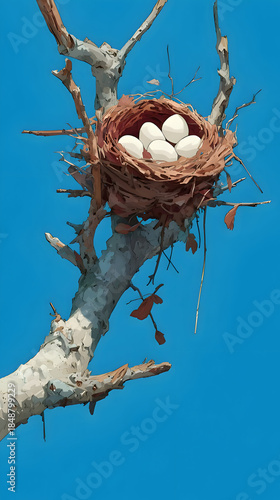 Bird Nest with White Eggs on Branch Against Blue Sky
