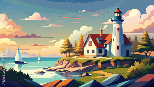 Very beautiful view of Wind Point Lighthouse near Lake Michigan, Wisconsin, featuring historic coastal architecture, calm shoreline, open sky, and a timeless maritime atmosphere beside gentle lake wat