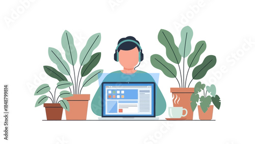Remote worker wearing headphones using laptop surrounded by plants