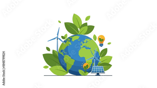 Eco friendly globe with renewable energy sources and green leaves