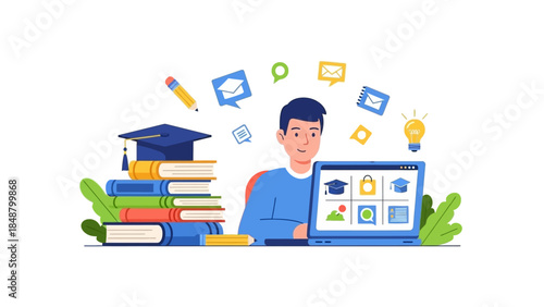 Young man surrounded by books and education icons using laptop