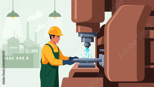 Worker operating heavy machinery in industrial setting.