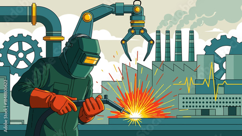 Welder working with sparks in industrial setting.