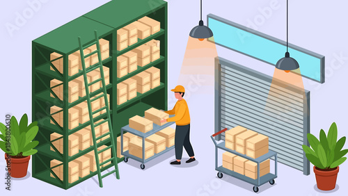 Warehouse worker organizing boxes on a cart.
