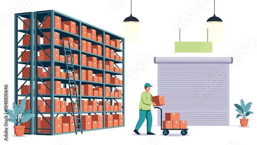 Warehouse worker moving boxes with a trolley near shelves and a roller door.