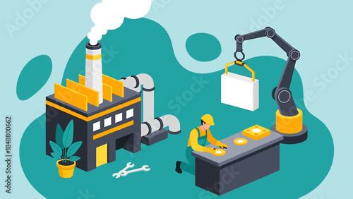 Modern factory with robotic arm and worker.