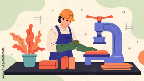 Skilled worker operating industrial press machine with focus.