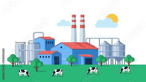 Modern Dairy Farm Factory with Cows Grazing.