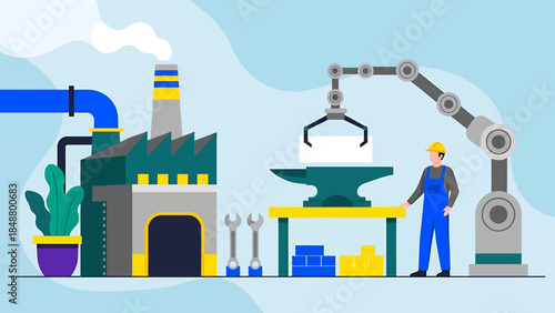 Modern Factory with Robotic Arm and Worker.