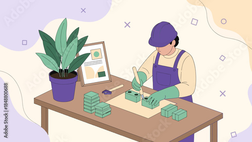 Person wearing apron and gloves tending to plants.