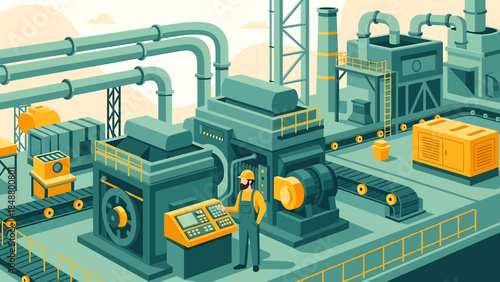 Factory worker overseeing industrial production line machinery.