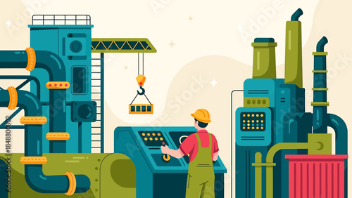 Factory worker operating complex machinery in industrial setting.