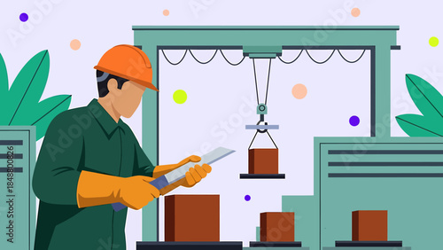 Factory worker operating automated machinery on production line.