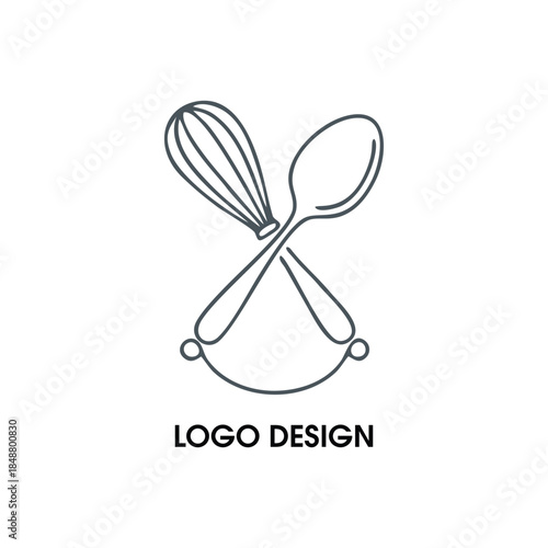 Minimalist Kitchen Logo Design: Vector Illustration of Crossed Whisk and Spoon Line Art for Culinary Branding