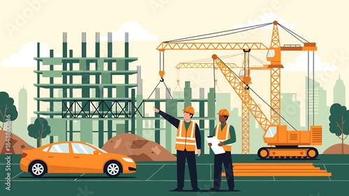 Construction workers discussing blueprints at a building site.