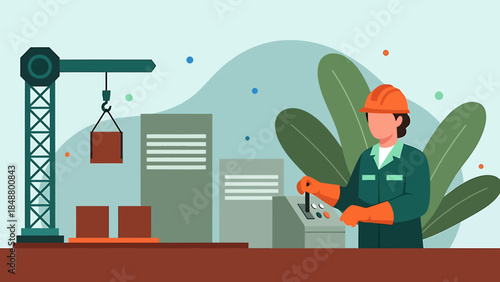 Construction worker operating crane with building materials.