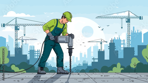 Construction worker operating a jackhammer on a site.