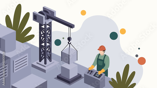 Construction worker operating crane at building site.