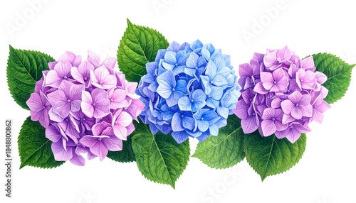 Trio of hydrangea flowers, pink and blue, surrounded by vibrant green leaves on a crisp white background