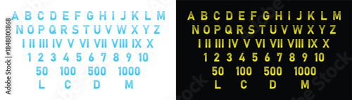 Alphabet Letter A-Z, Math Numbers and Roman Numerals Set Blue and Yellow for Kit and Educations Vector Illustration.