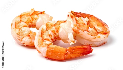 Trio of peeled, cooked shrimp with a vibrant orange hue, resting on a clean, white backdrop
