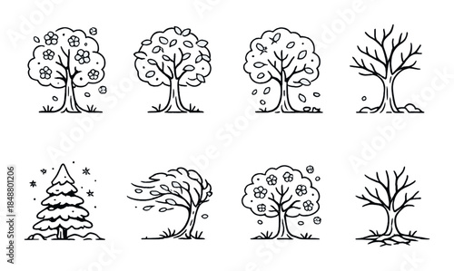 Eight stylized trees illustrating seasonal changes: blooming, windy, leafless, evergreen