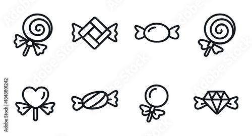 Monochrome candy icon set featuring lollipops and wrapped sweets