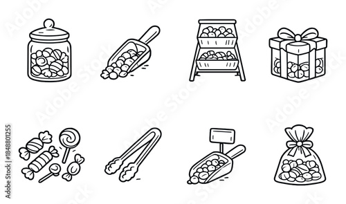 Black and white candy illustrations with jars, scoops, and gift boxes