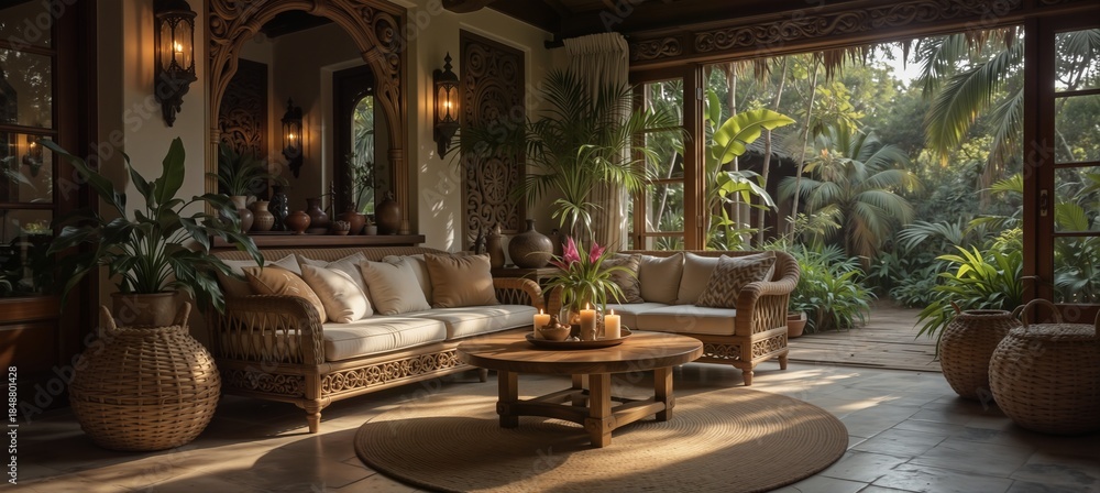 Fototapeta premium luxurious tropical sunroom with wicker furniture, lush plants, and warm ambient light.