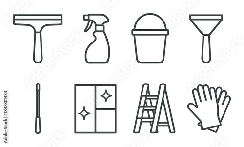 Monochrome cleaning tools icon set: squeegee, spray, bucket, scraper, mop, window, ladder, gloves